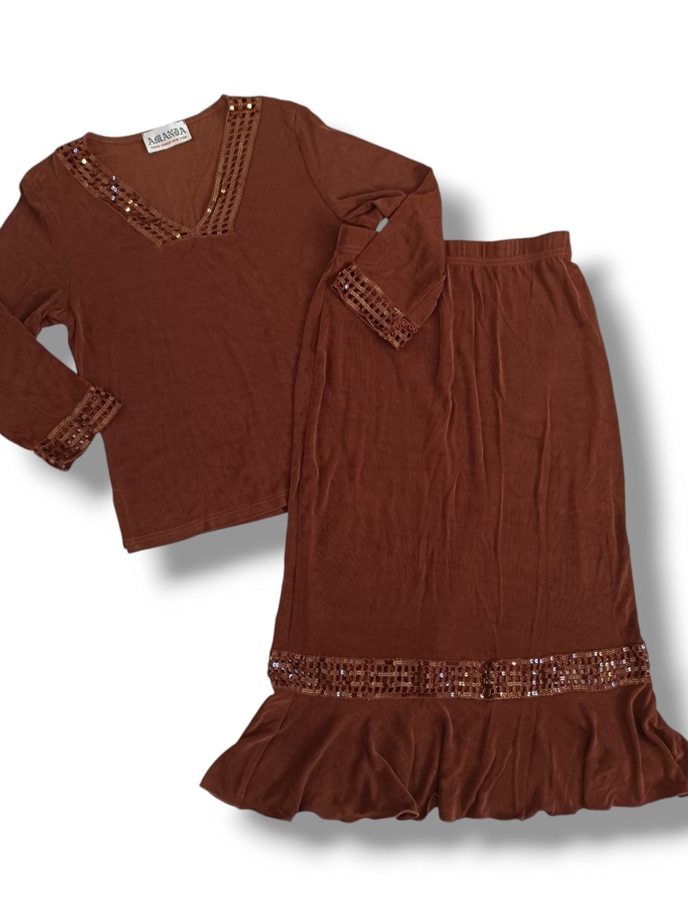 Vintage Acetate Skirt Set Top Brown Sequins Amanda Hippie 70s 2 Piece Size M